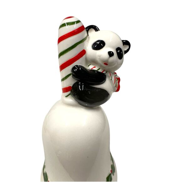 Vintage Lefton Christmas Bell with Panda Bear Candy Cane Striped Handle Holly - Picture 2 of 6
